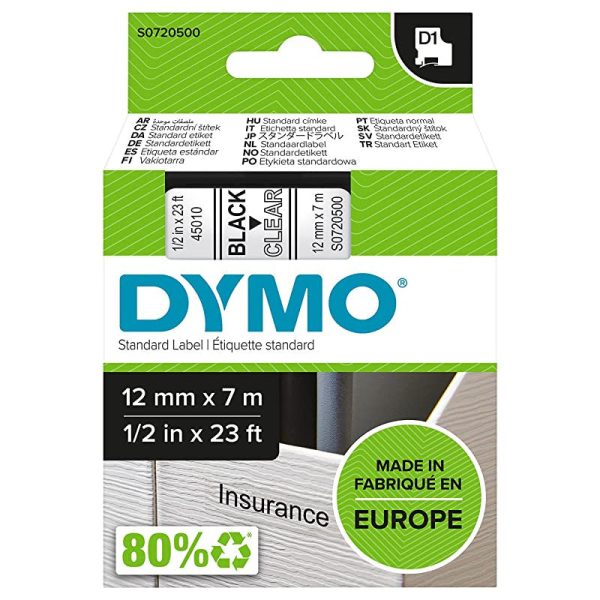 Dymo D1 etiquetas auténticas, impresión negra sobre fondo transparente, 12 mm נ7 m, autoadhesivas para etiquetadoras LabelManager Embalaje Deteriorado Sale