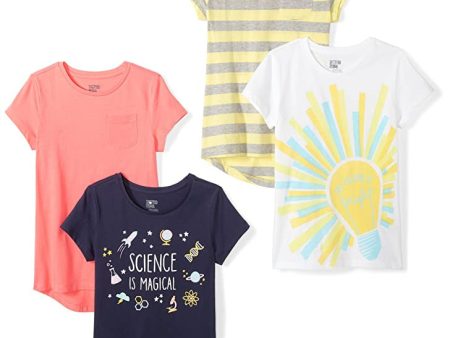 Amazon Essentials Camisetas de Manga Corta (Previamente Spotted Zebra) Niña, Pack de 4, Naranja Amarillo Negro, Ciencia, 3 años Sale